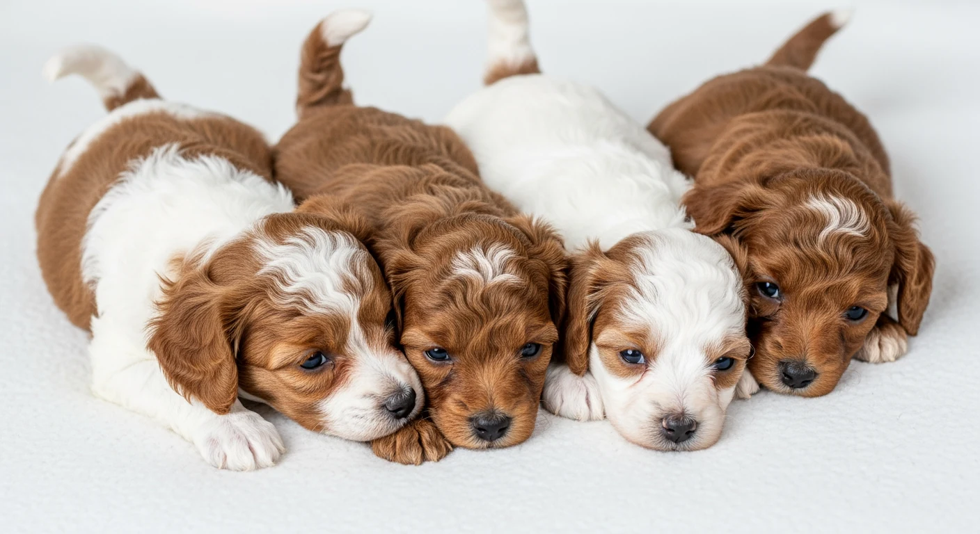 Portee de chiots Caniche Toy aupres de leur mere dans un elevage familial